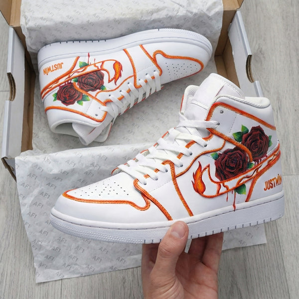 Custom AJ 1s Shoes White with Rose and Flame Patterns-oicustom