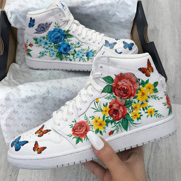 Custom AJ 1s Shoes with Floral and Butterflies Design-oicustom