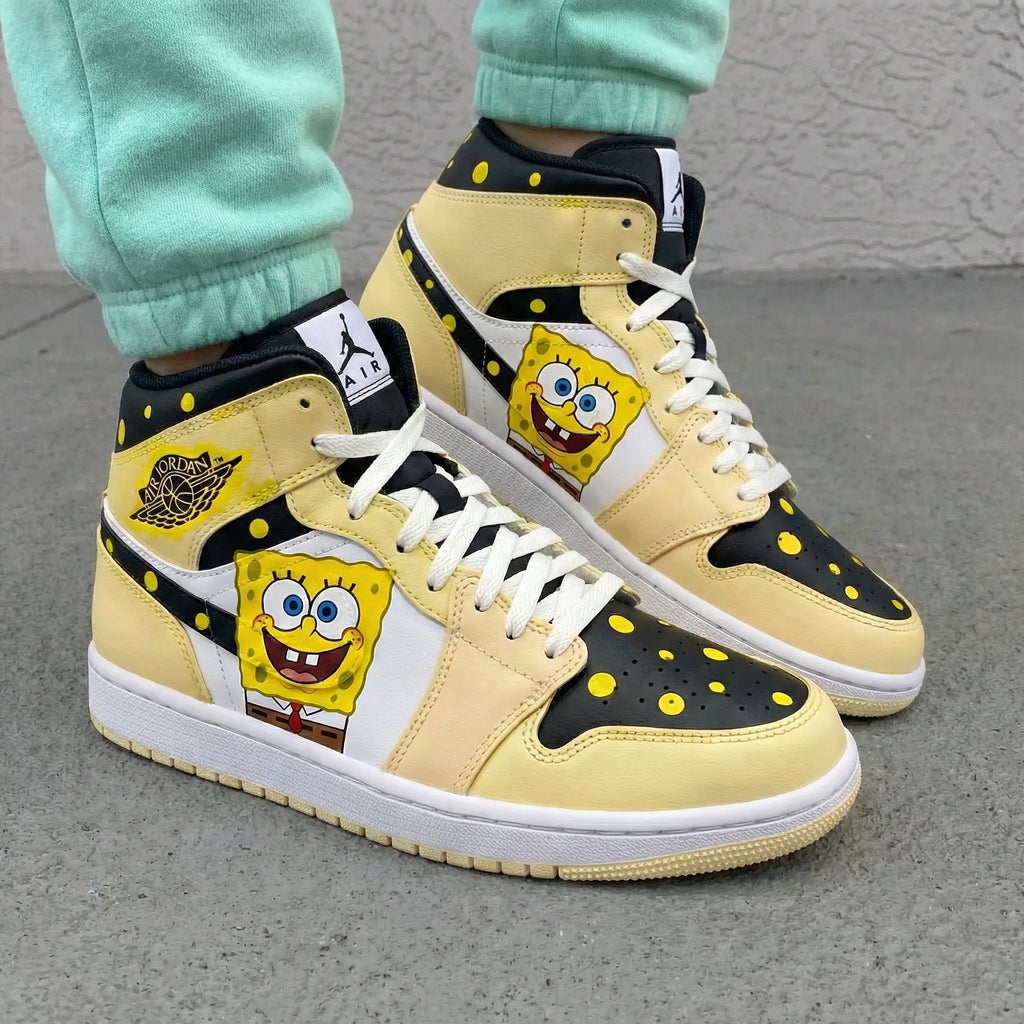 Custom AJ 1s Shoes Yellow Black SpongeBob Design-oicustom