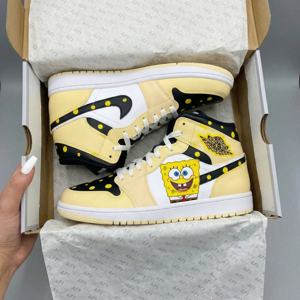 Custom AJ 1s Shoes Yellow Black SpongeBob Design-oicustom