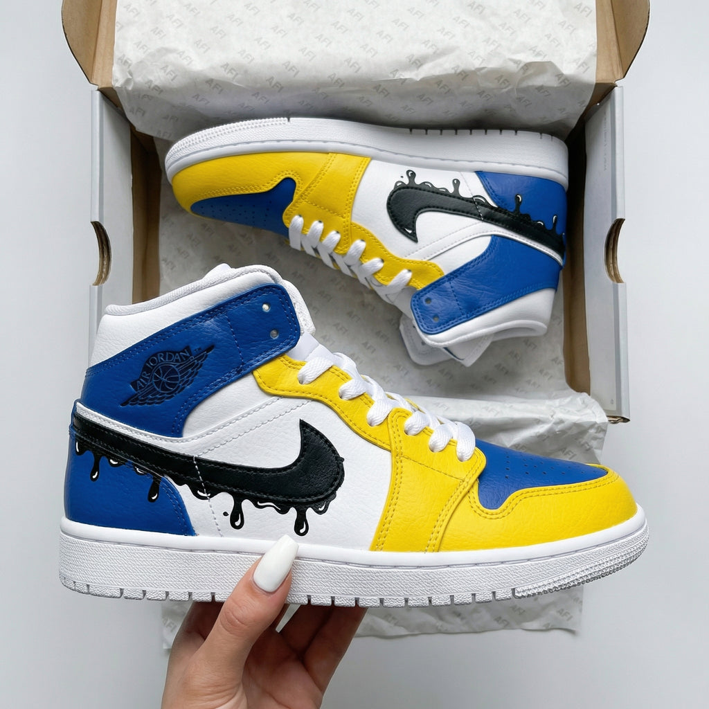 Custom AJ 1s Shoes Yellow Blue Black Drip Swoosh-oicustom