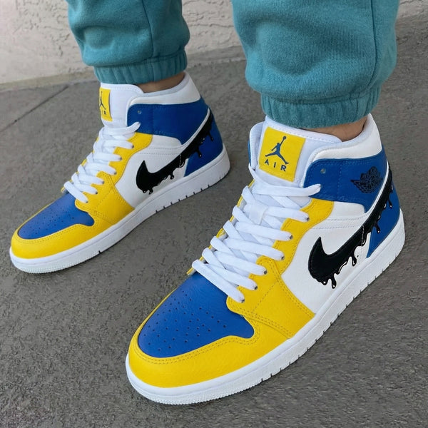 Custom AJ 1s Shoes Yellow Blue Black Drip Swoosh-oicustom