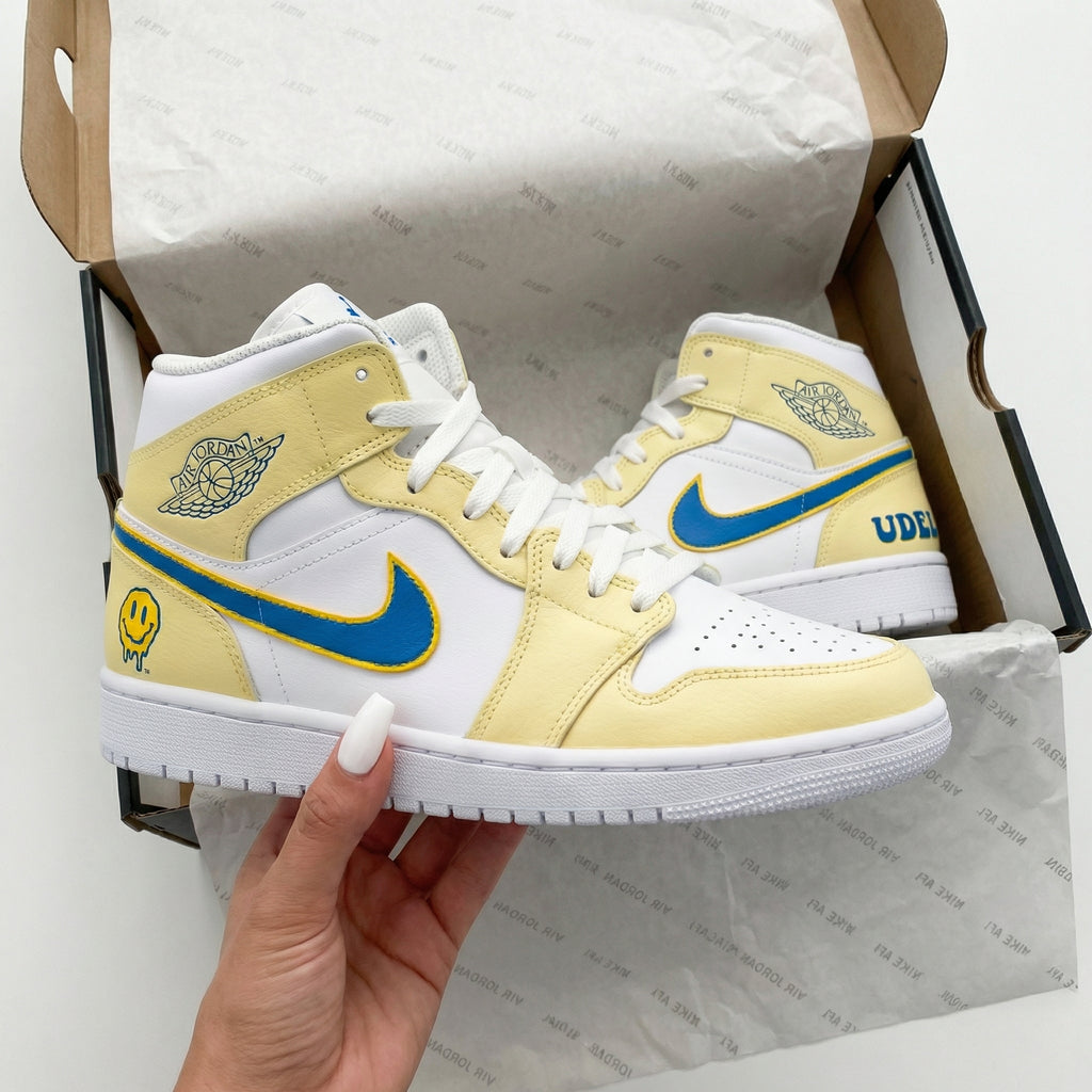 Custom AJ 1s Shoes Yellow Blue Dripping Smiley Face UDEL-oicustom