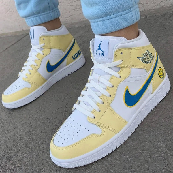 Custom AJ 1s Shoes Yellow Blue Dripping Smiley Face UDEL-oicustom