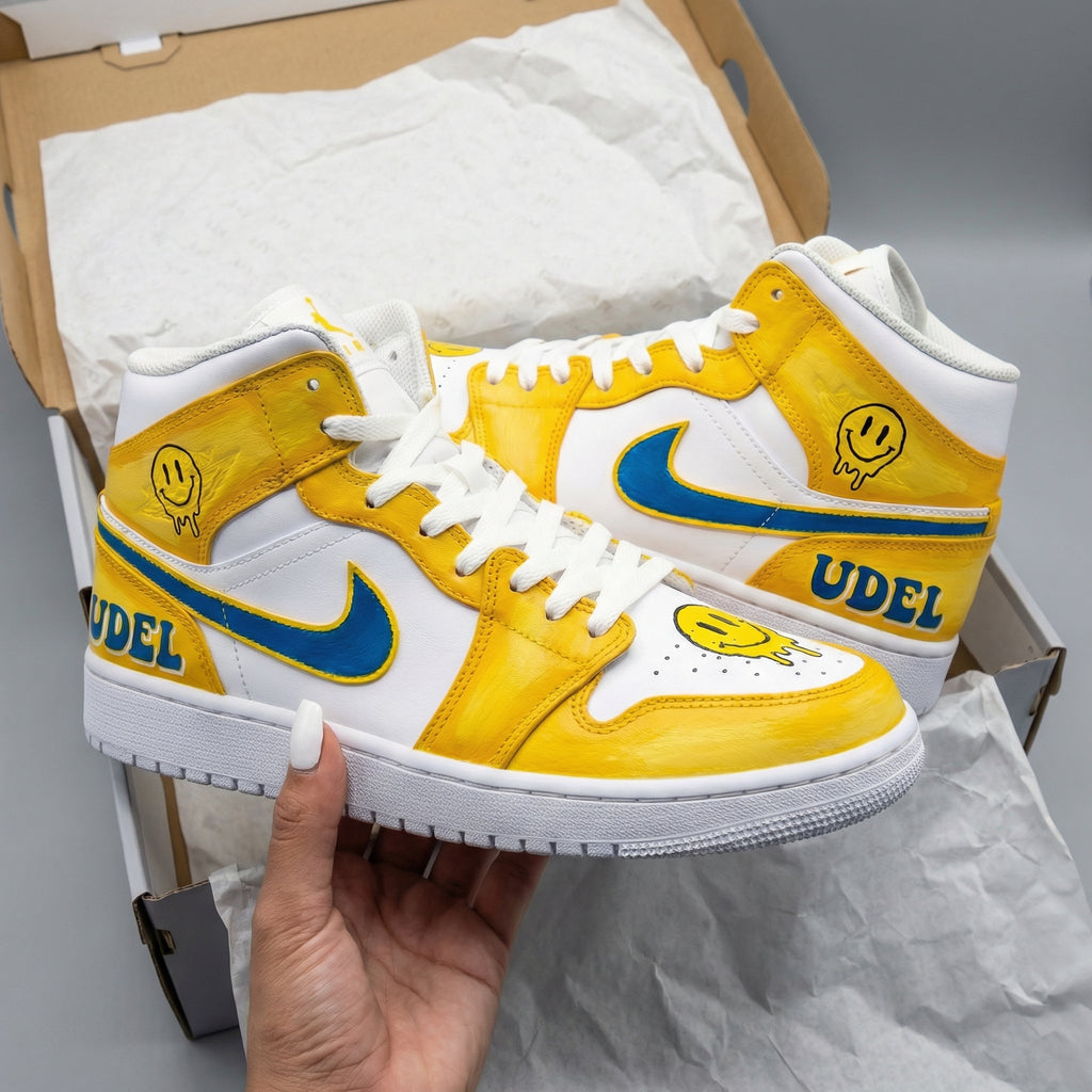 Custom AJ 1s Shoes Yellow Blue Smiley Face UDEL Pattern-oicustom