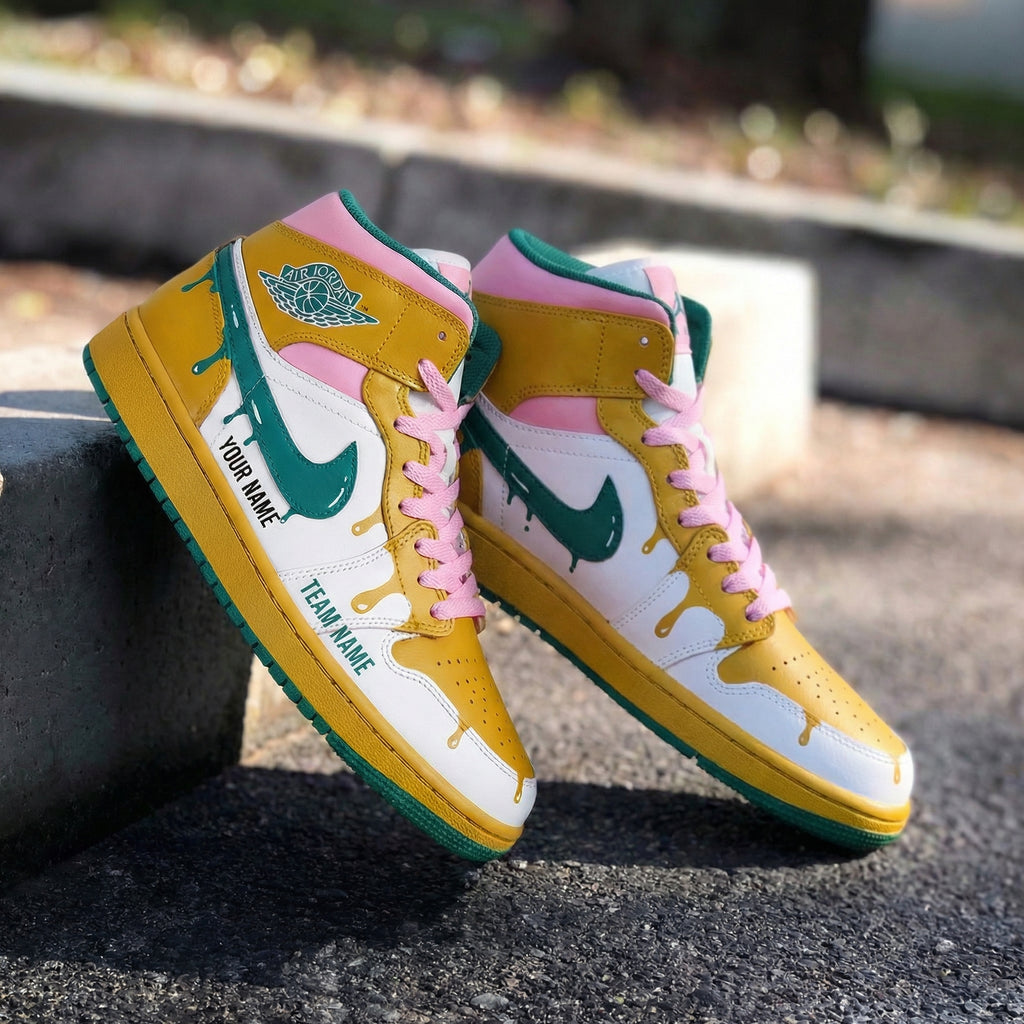 Custom AJ 1s Shoes Yellow Pink Green Drip Design-oicustom