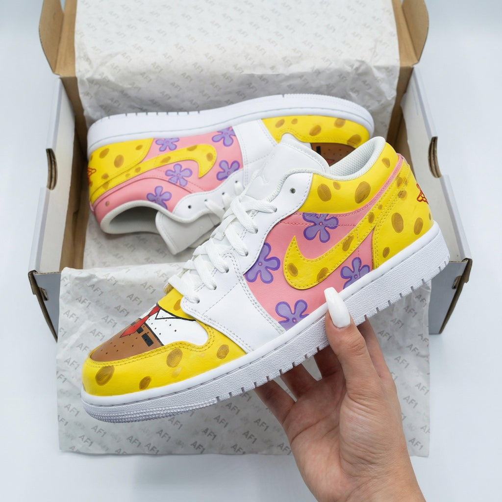 Custom AJ 1s Shoes Yellow Pink SpongeBob Pattern Purple Flowers-oicustom