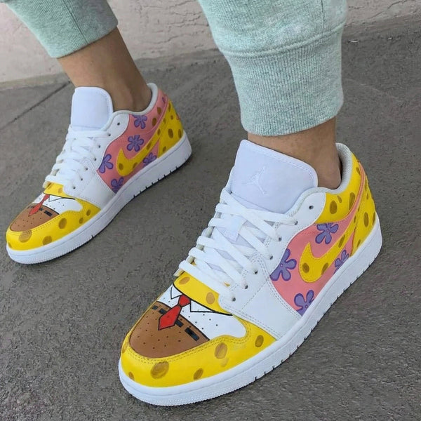Custom AJ 1s Shoes Yellow Pink SpongeBob Pattern Purple Flowers-oicustom
