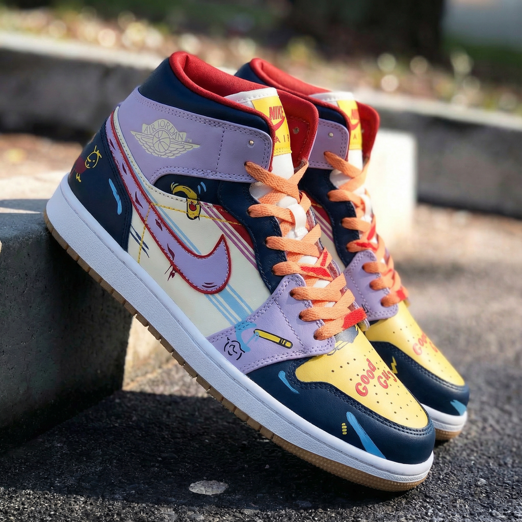 Custom AJ 1s Shoes Yellow Purple Cartoon Pattern-oicustom