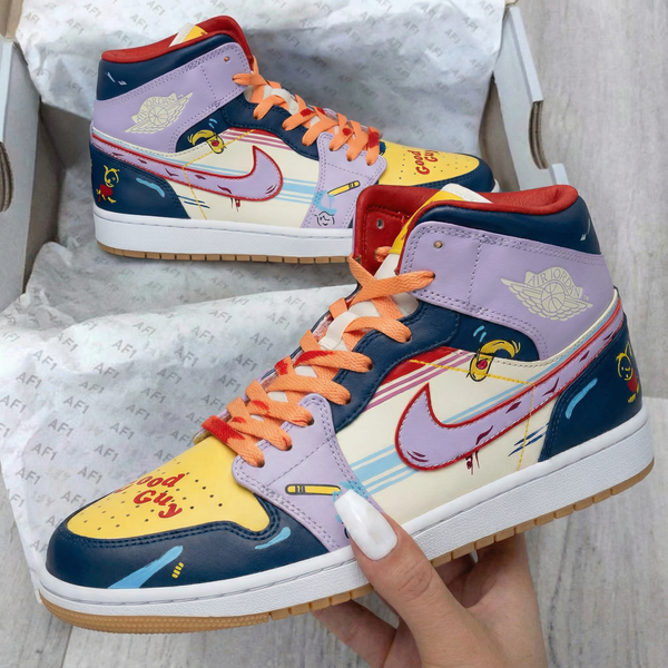 Custom AJ 1s Shoes Yellow Purple Cartoon Pattern-oicustom