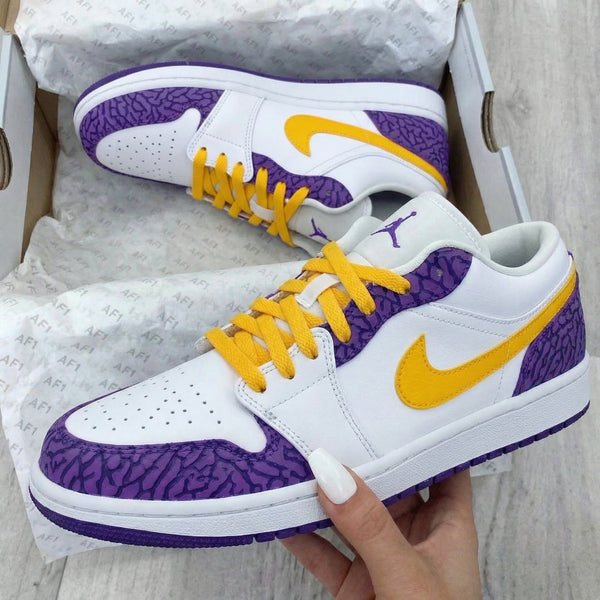 Custom AJ 1s Shoes Yellow Purple Cracked Pattern-oicustom