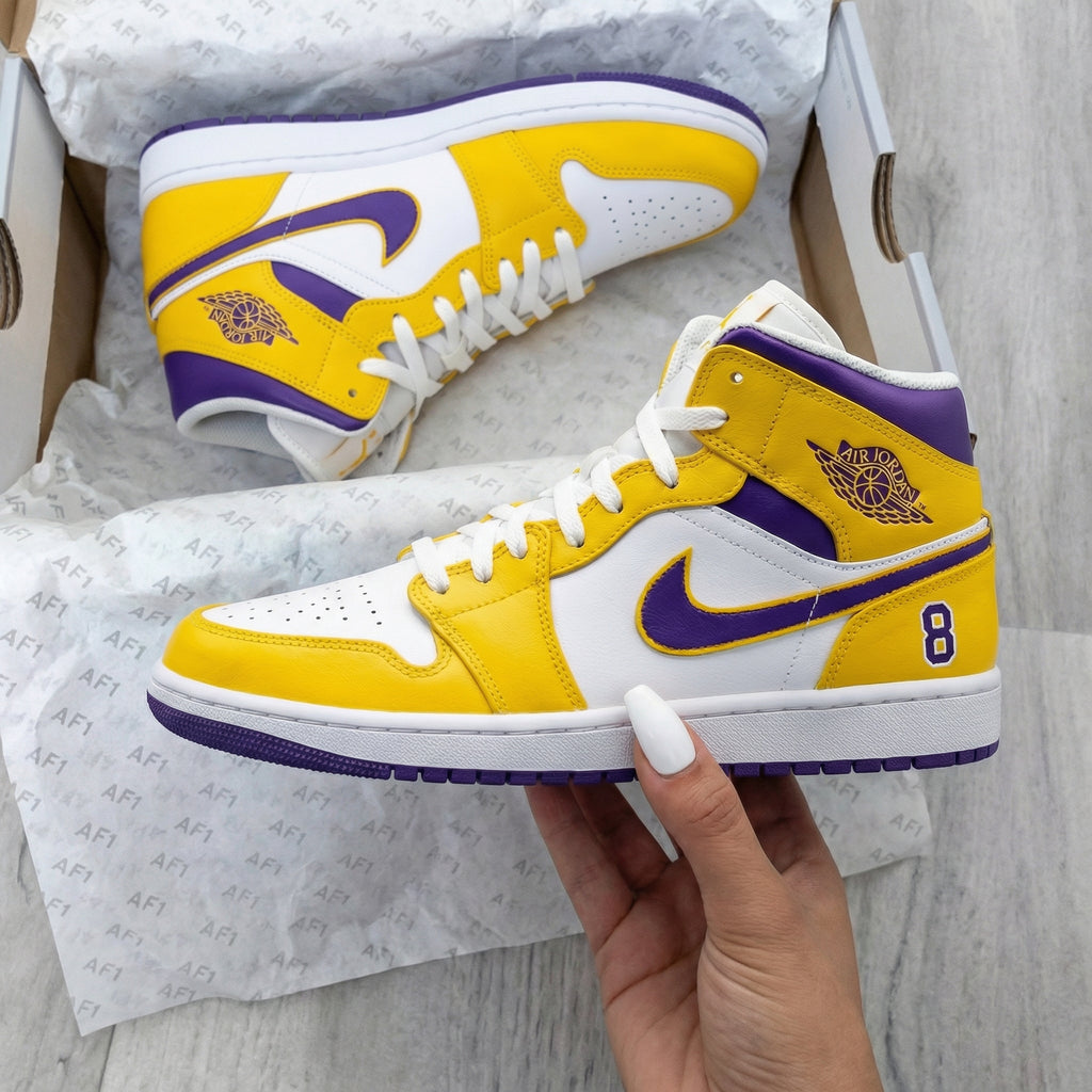 Custom AJ 1s Shoes Yellow Purple Number 8 Lakers Inspired-oicustom