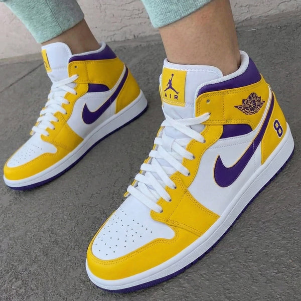 Custom AJ 1s Shoes Yellow Purple Number 8 Lakers Inspired-oicustom