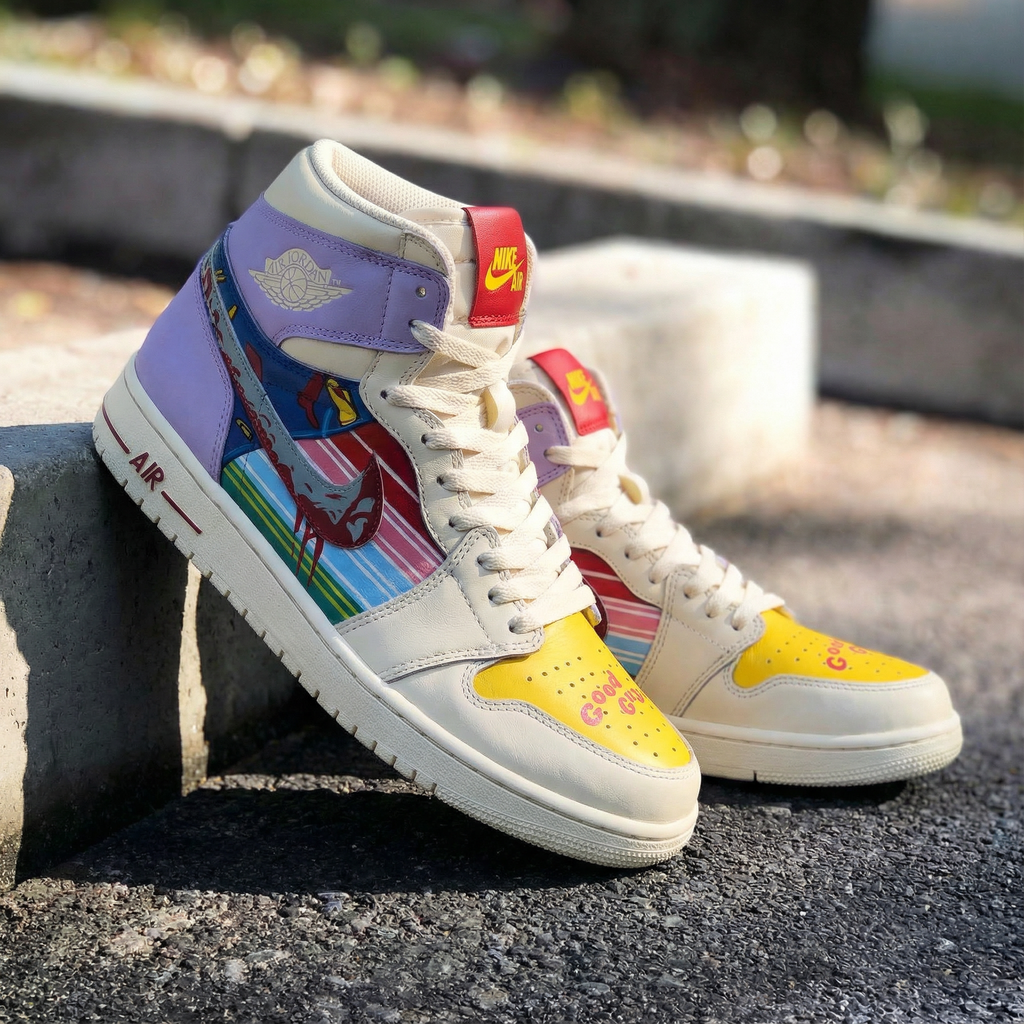 Custom AJ 1s Shoes Yellow Purple with Comic Strip Pattern-oicustom