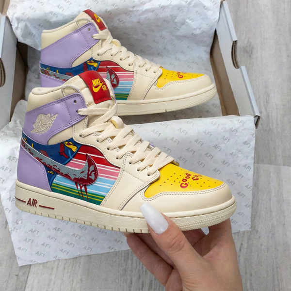 Custom AJ 1s Shoes Yellow Purple with Comic Strip Pattern-oicustom