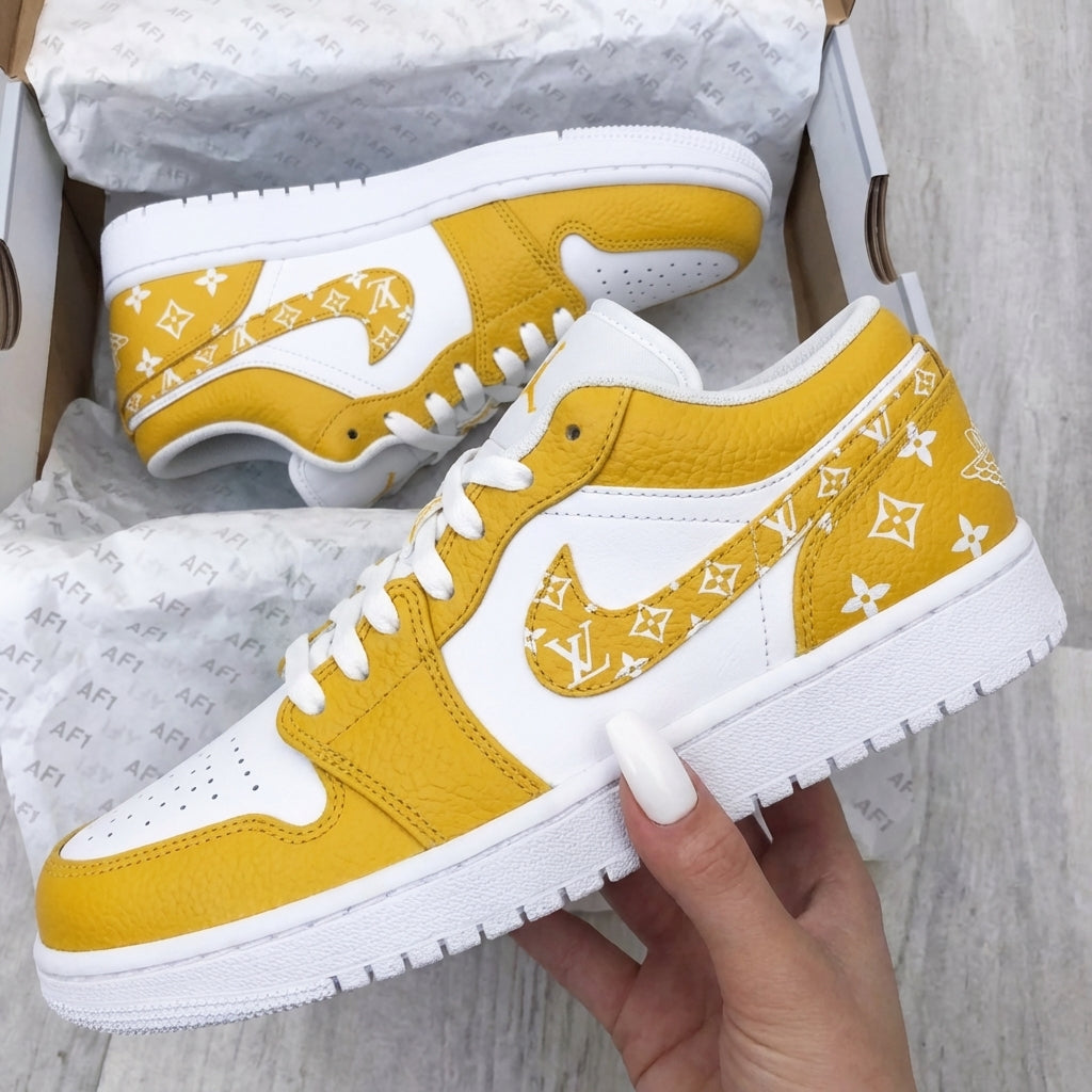 Custom AJ 1s Shoes Yellow White With LV Logo-oicustom