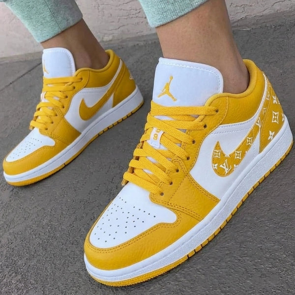 Custom AJ 1s Shoes Yellow White With LV Logo-oicustom