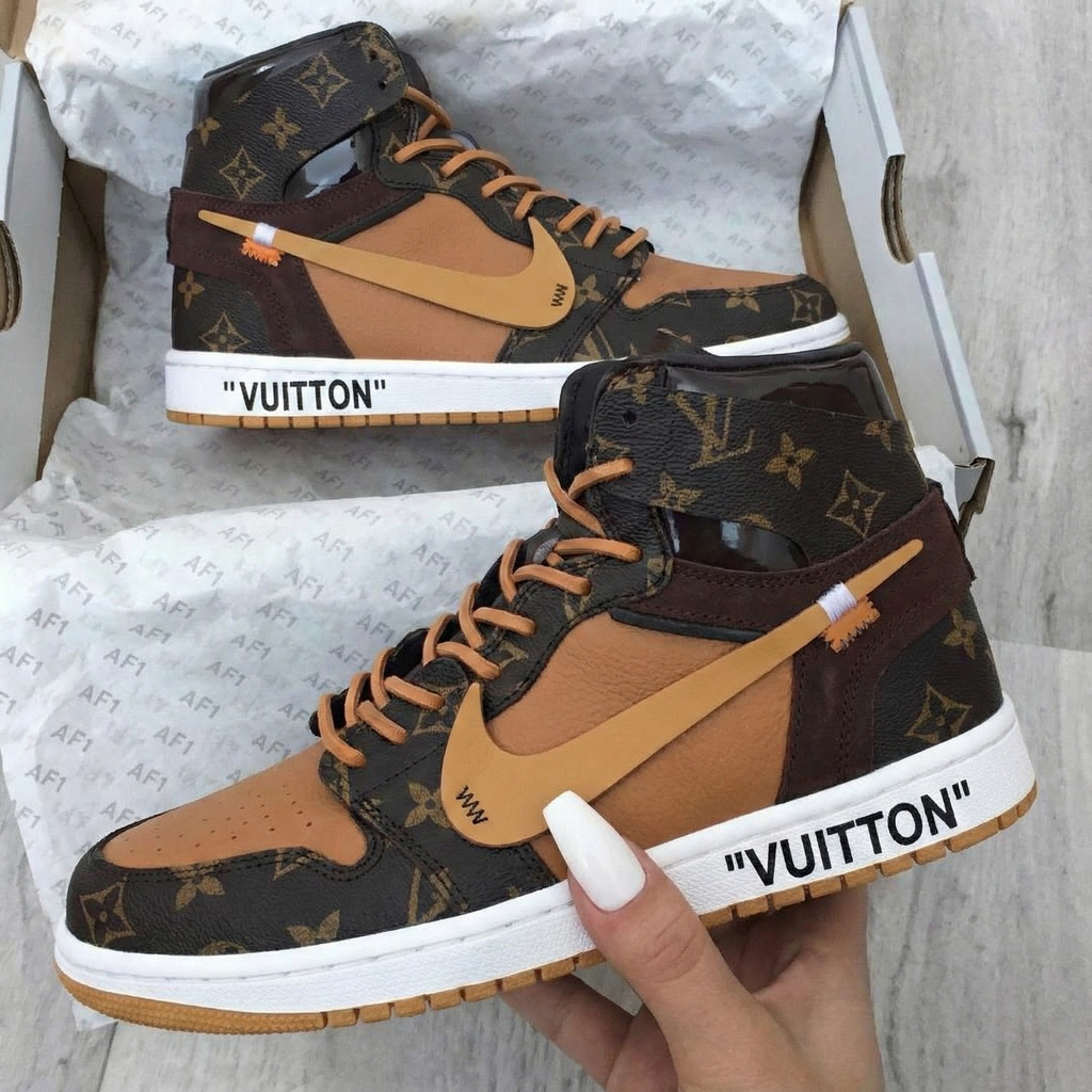 Custom AJ 1s Travis Scott Shoes Brown Tan LV Pattern-oicustom