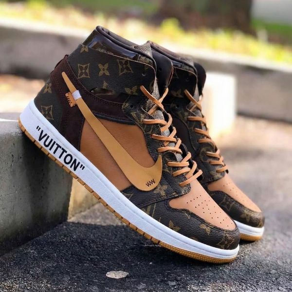 Custom AJ 1s Travis Scott Shoes Brown Tan LV Pattern-oicustom