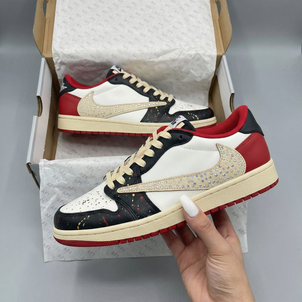 Custom AJ 1s Travis Scott Shoes Red Black Rhinestones Splatter Cream Swoosh-oicustom