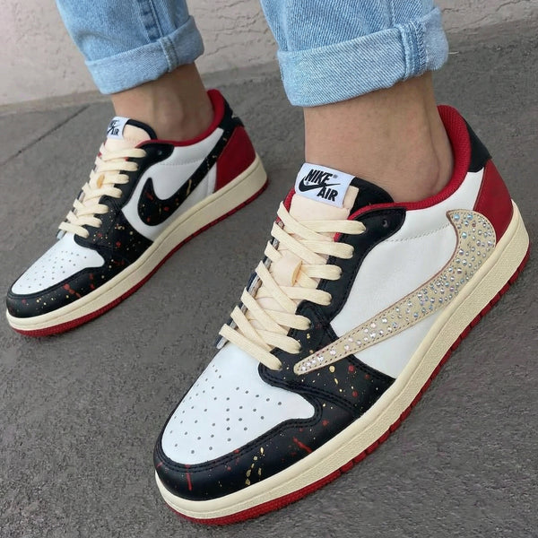Custom AJ 1s Travis Scott Shoes Red Black Rhinestones Splatter Cream Swoosh-oicustom