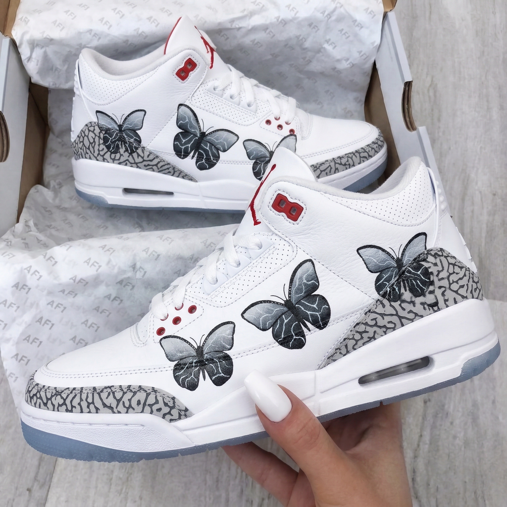 Custom AJ 3s Shoes Gray Red Cement Butterflies-oicustom
