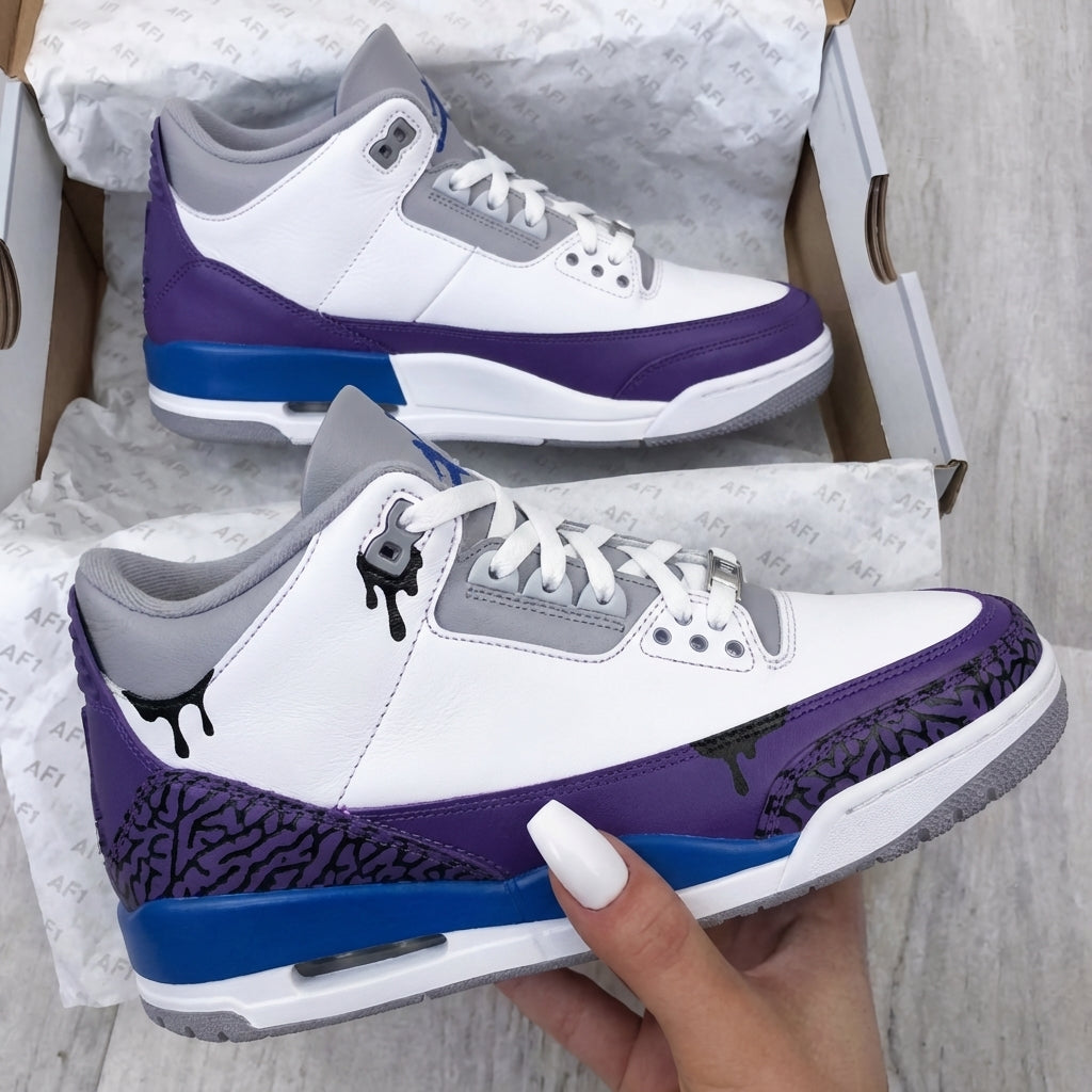 Custom AJ 3s Shoes Purple Blue Black Drips Crackle Pattern-oicustom