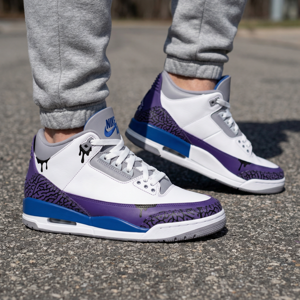 Custom AJ 3s Shoes Purple Blue Black Drips Crackle Pattern-oicustom