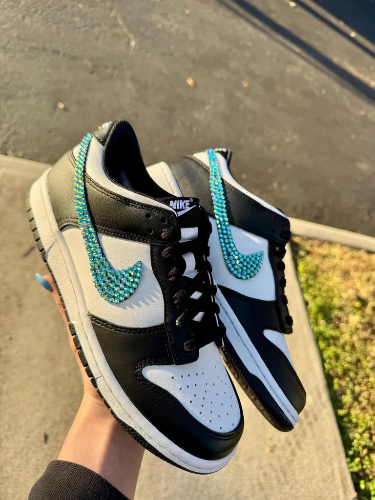 Custom Dunk Black White With Teal Rhinestones-oicustom