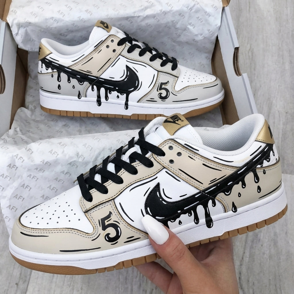 Custom Dunk Shoes Black Beige Cartoon Drip Number 5-oicustom