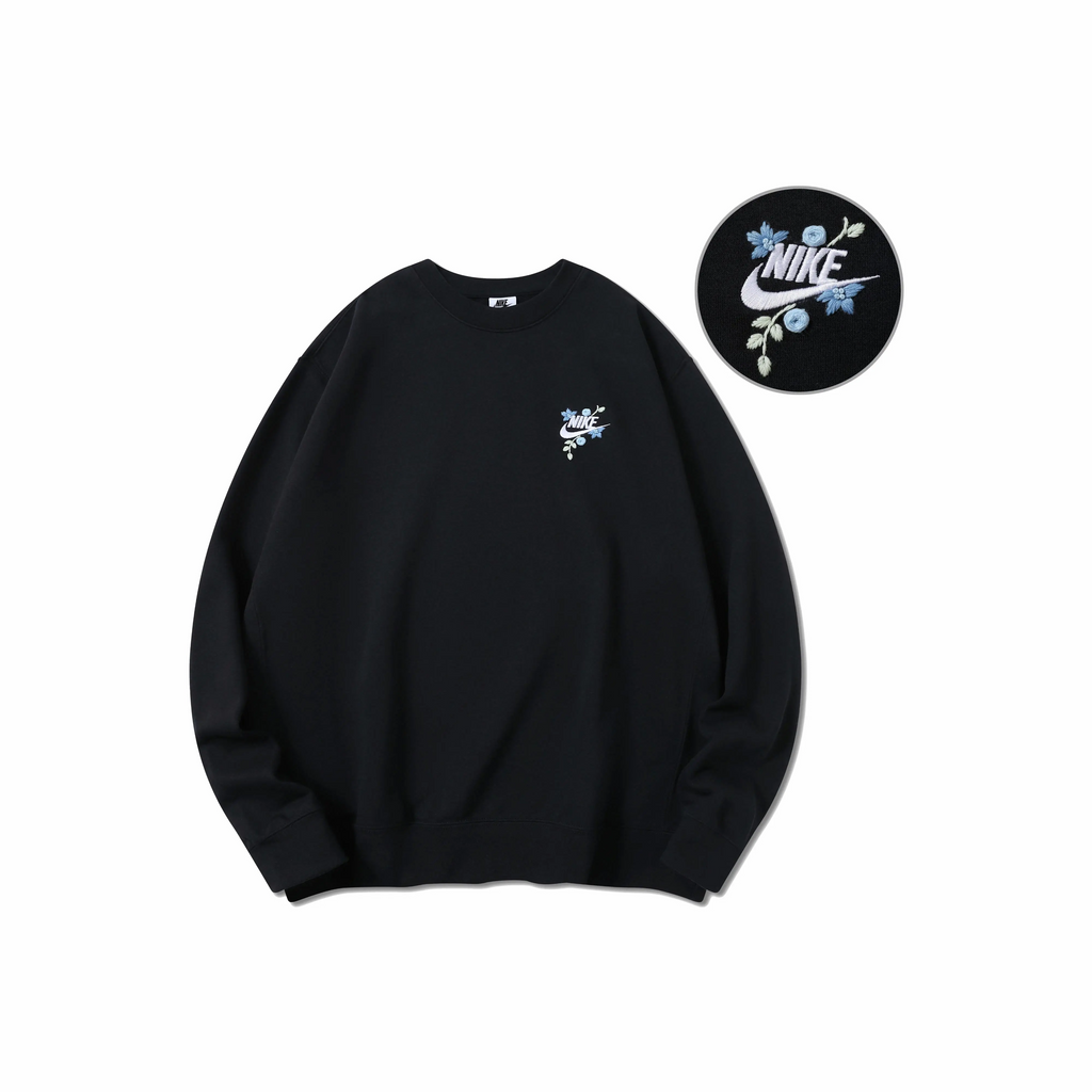 Custom Embroidery Nike Sweatshirt Black with Blue Floral Pattern-oicustom
