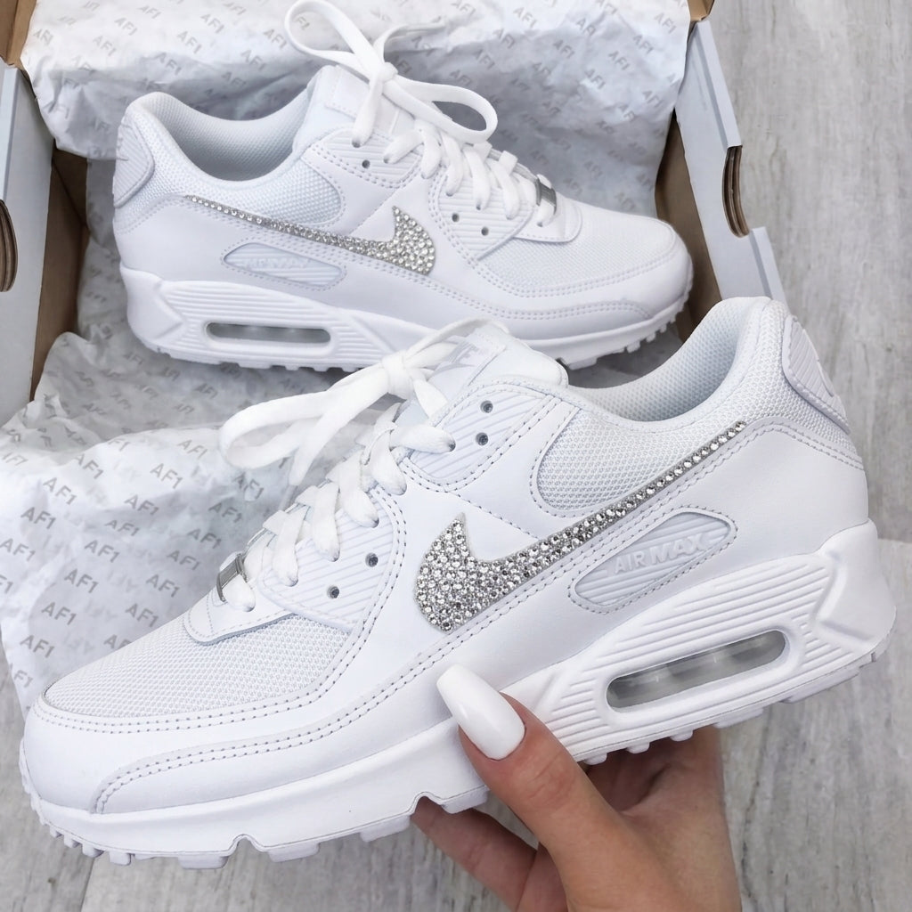 Custom Nike Air Max 90 Weeding Shoes White Rhinestones-oicustom