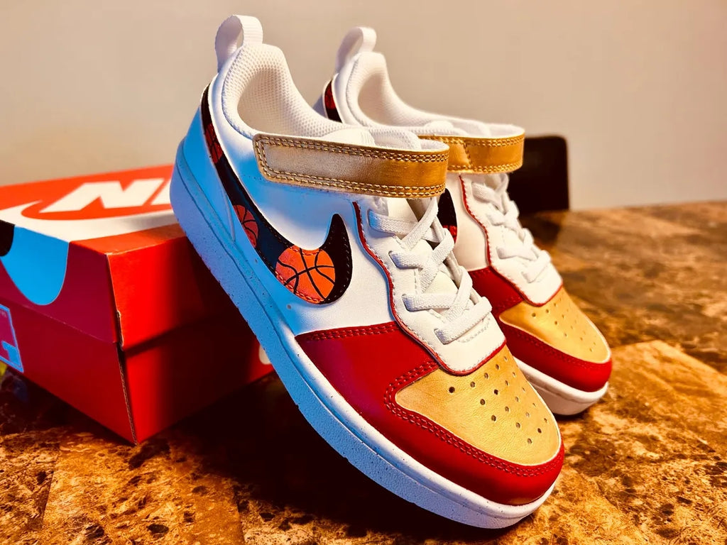 Custom Nike Court Borough White Red Gold With Basketball Pattern-oicustom