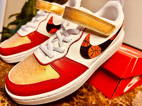 Custom Nike Court Borough White Red Gold With Basketball Pattern-oicustom