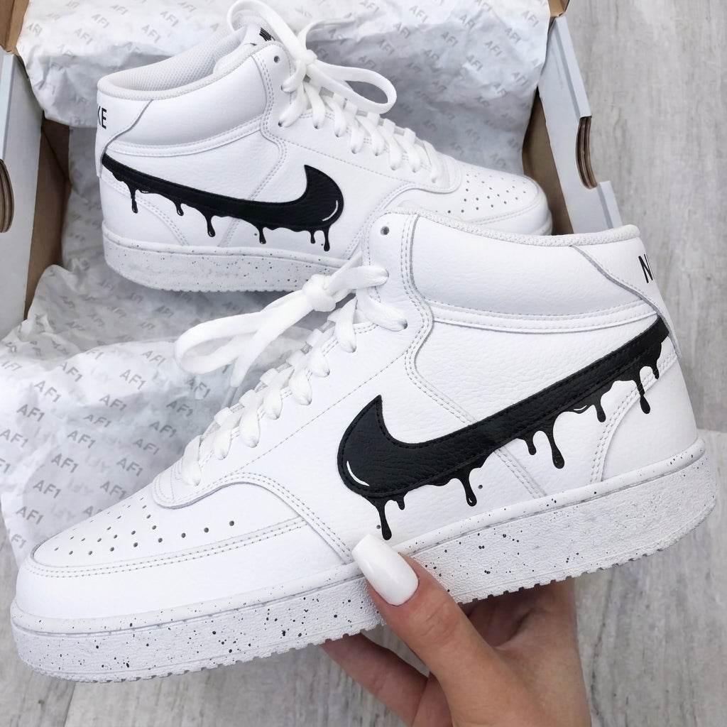 Custom Nike Court Vision Shoes Black Dripping Swoosh-oicustom