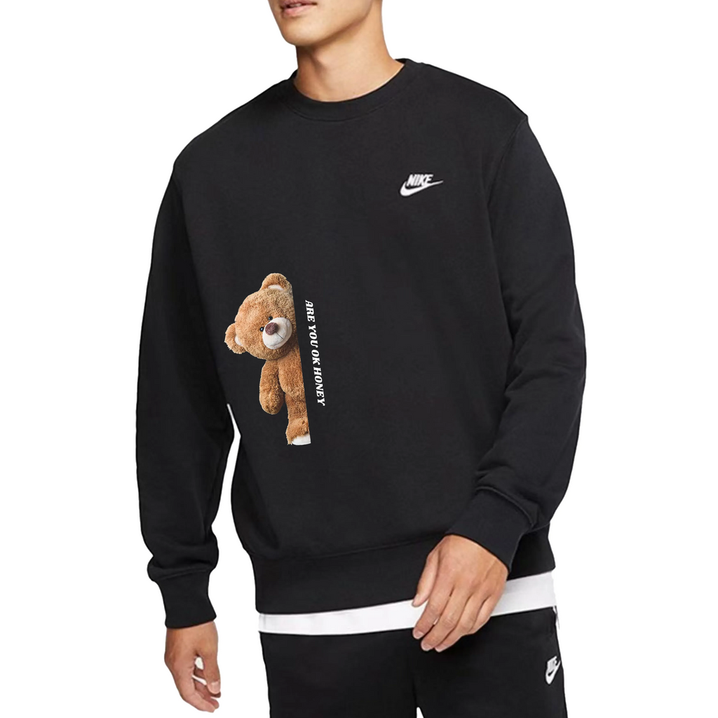 Custom Nike Sweatshirt Black With Brown Teddy Bear Print-oicustom