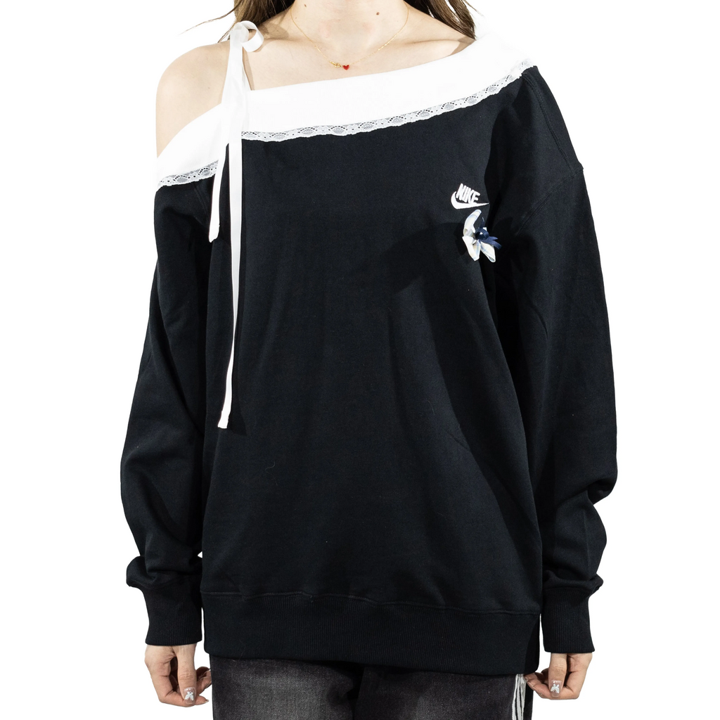 Custom Nike Sweatshirt Off Shoulder Black White Lace Bow-oicustom