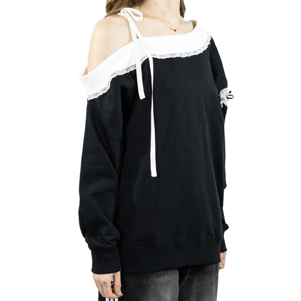 Custom Nike Sweatshirt Off Shoulder Black White Lace Bow-oicustom