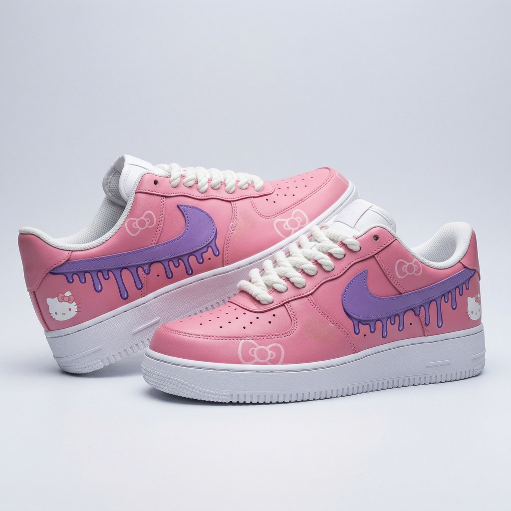 Custom AF 1s Shoes Baby Pink Purple Hello Kitty Drip Swoosh Bow-oicustom