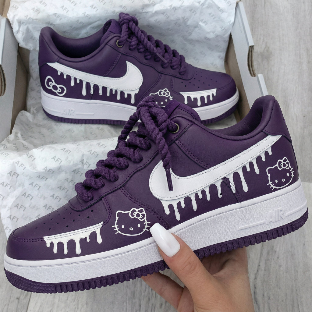 Custom AF 1s Shoes Black Purple Hello Kitty Drip-oicustom