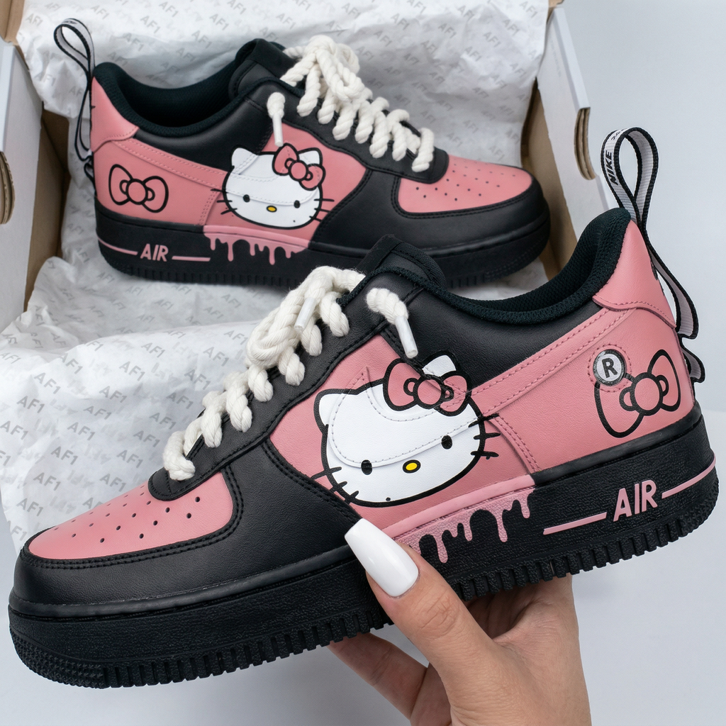 Custom AF 1s Shoes Black Baby Pink Hello Kitty-oicustom