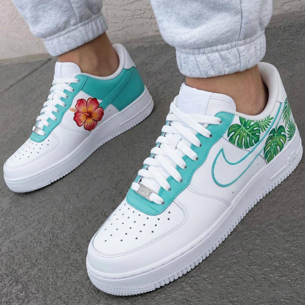 Custom AF 1s Shoes Turquoise Hibiscus Flower Monstera Leaves-oicustom