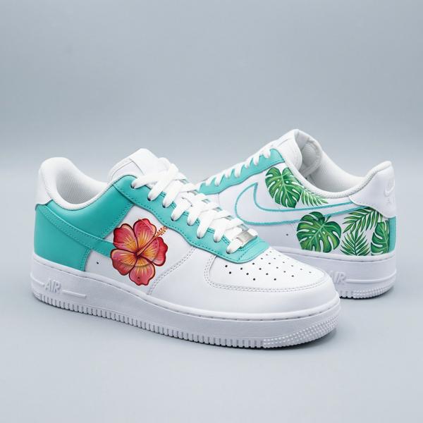 Custom AF 1s Shoes Turquoise Hibiscus Flower Monstera Leaves-oicustom