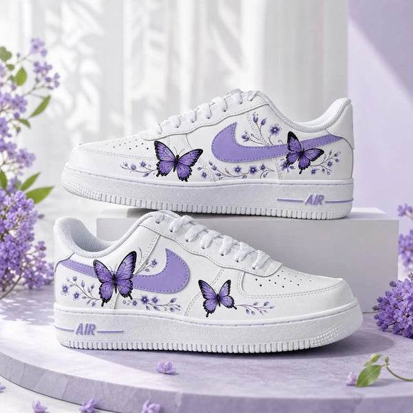 Hand Painted Purple Butterfly Floral Custom Air Force 1 Sneakers