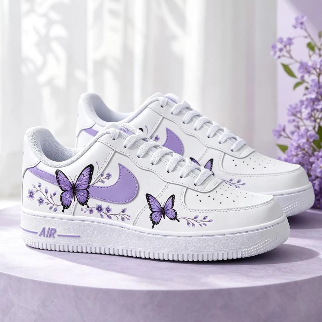 Hand Painted Purple Butterfly Floral Custom Air Force 1 Sneakers