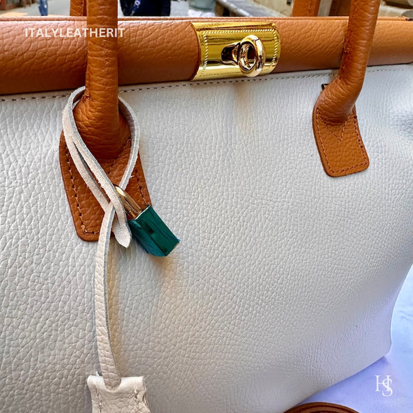 Luxury White & Tan Italian Pebbled Genuine Leather Top Handle Crossbody Satchel Tote Bag with Detachable Strap, Perfect Daily Outfit Matching for Custom Air Force 1 Custom Sneakers-oicustom