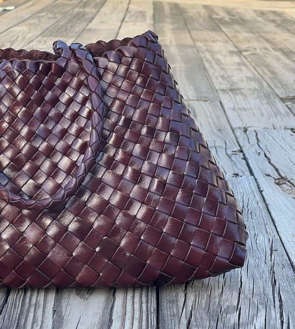 Vintage Handwoven Genuine Leather Tote Bag Large Capacity Commuter Shoulder Top-handle Bag Multi-color (Burgundy/Caramel/Black) 2 Sizes Available custom air force 1 custom sneakers-oicustom