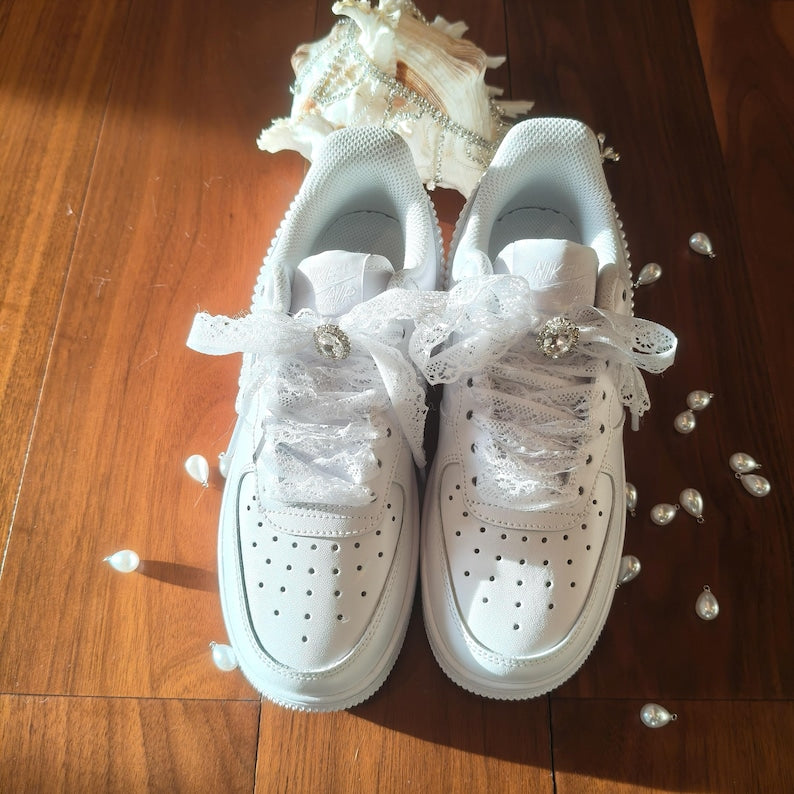 Custom AF 1s Shoes Wedding White Pearl