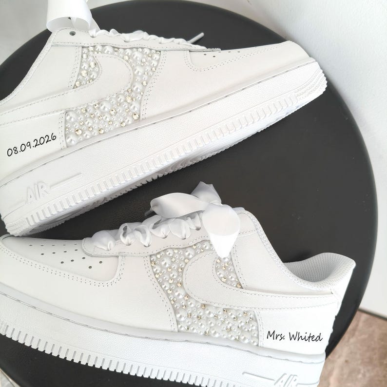 White Pearl Rhinestone Embellished Personalized Wedding Bridal Custom Air Force 1, Custom Name & Wedding Date Satin Lace Custom Sneakers for Bride