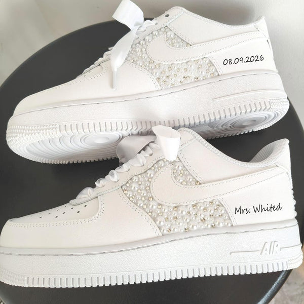 White Pearl Rhinestone Embellished Personalized Wedding Bridal Custom Air Force 1, Custom Name & Wedding Date Satin Lace Custom Sneakers for Bride-oicustom